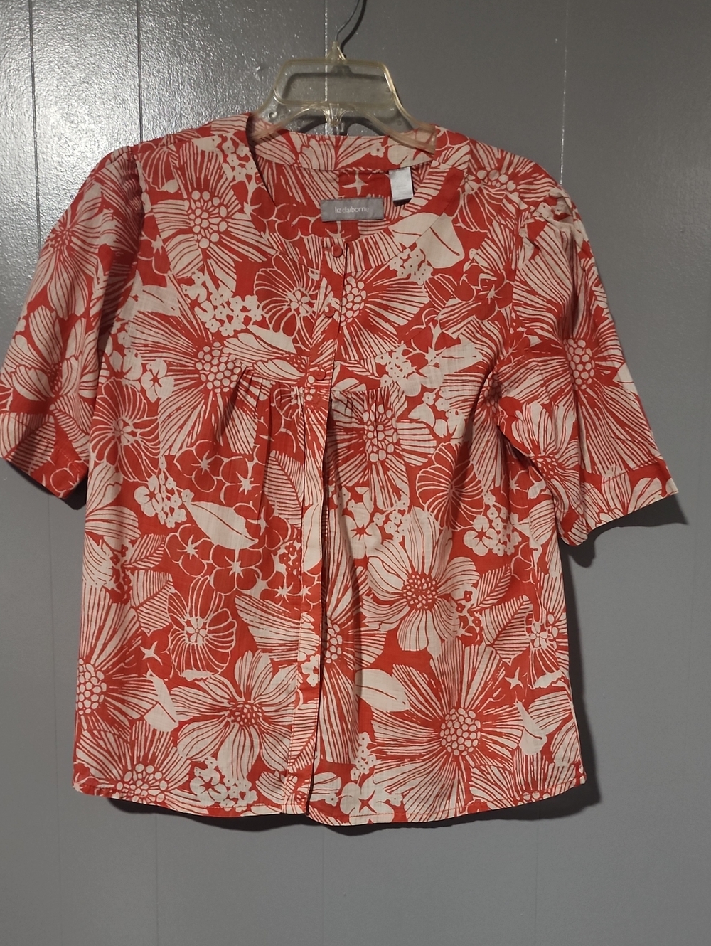 Liz Claiborne Coral and Cream Floral Short Sleeve Blouse